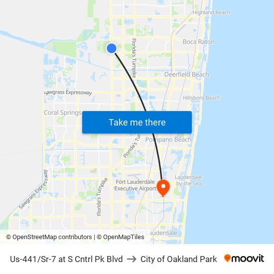 Us-441/Sr-7 at S Cntrl Pk Blvd to City of Oakland Park map