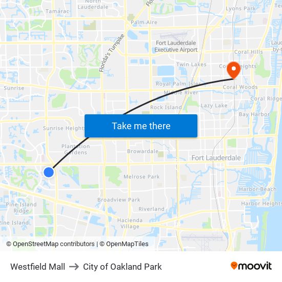 Westfield Mall to City of Oakland Park map