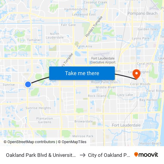 Oakland Park Blvd & University Dr to City of Oakland Park map