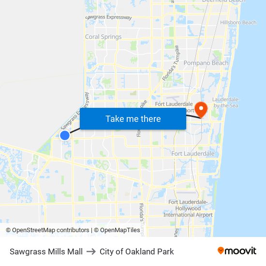 Sawgrass Mills Mall to City of Oakland Park map