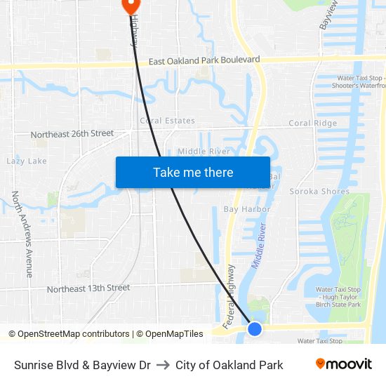 Sunrise Blvd & Bayview Dr to City of Oakland Park map