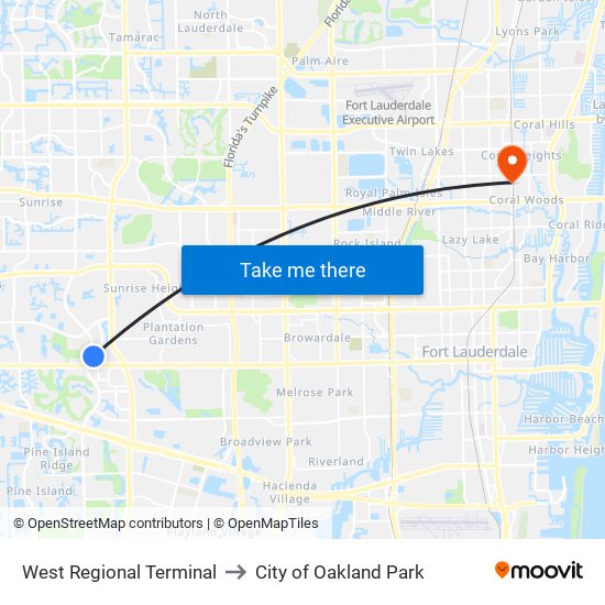 West Regional Terminal to City of Oakland Park map