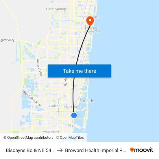 Biscayne Bd & NE 54 St to Broward Health Imperial Point map