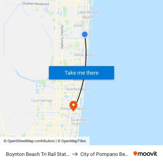 Boynton Beach Tri Rail Station to City of Pompano Beach map