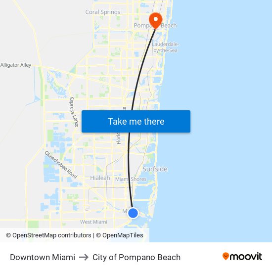 Downtown Miami to City of Pompano Beach map