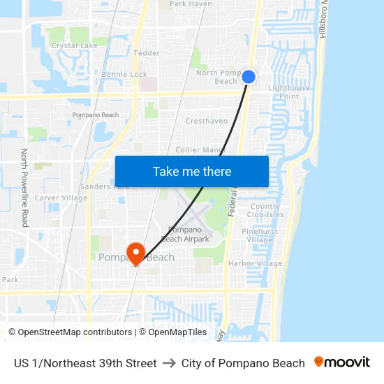 US 1/Northeast 39th Street to City of Pompano Beach map