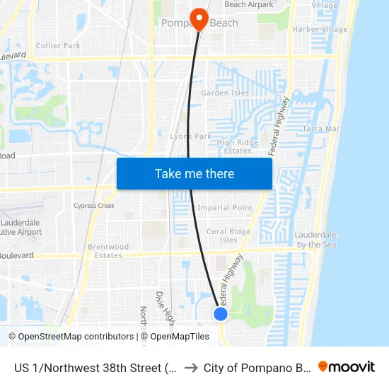 US 1/Northwest 38th Street (North) to City of Pompano Beach map