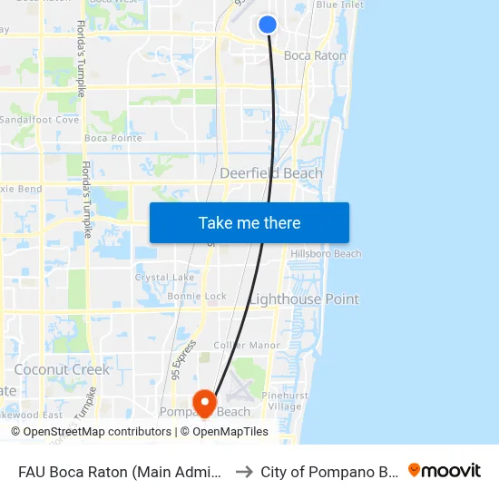 FAU Boca Raton (Main Admin Bldg) to City of Pompano Beach map