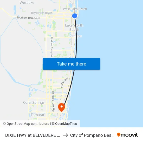 DIXIE HWY at BELVEDERE RD to City of Pompano Beach map