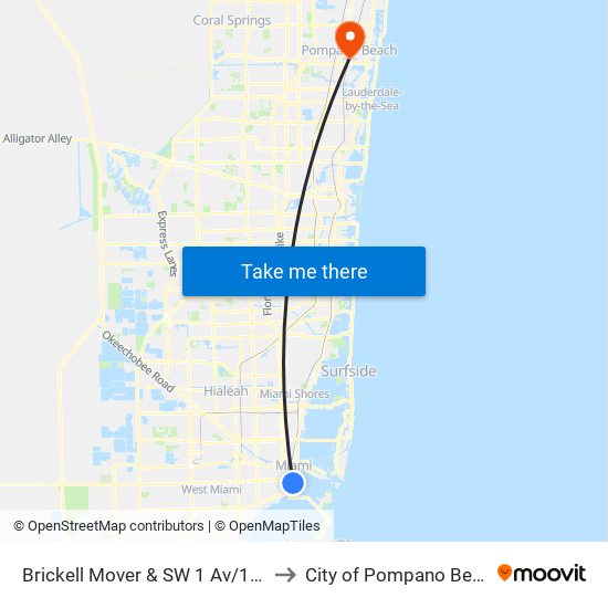 Brickell Mover & SW 1 Av/11 St to City of Pompano Beach map
