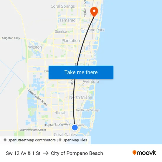 Sw 12 Av & 1 St to City of Pompano Beach map