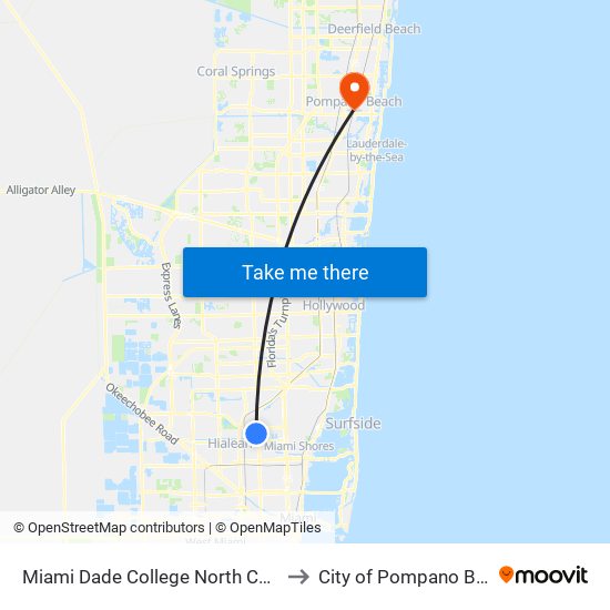 Miami Dade College North Campus to City of Pompano Beach map