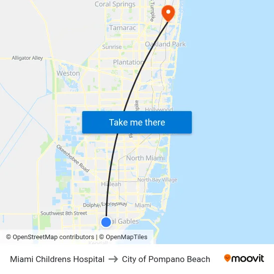 Miami Childrens Hospital to City of Pompano Beach map