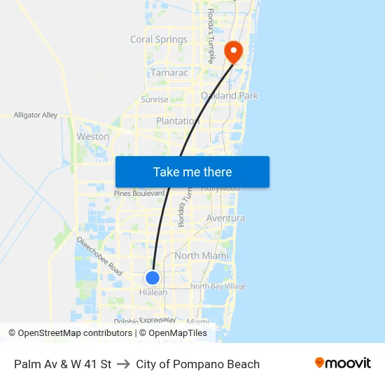 Palm Av & W 41 St to City of Pompano Beach map