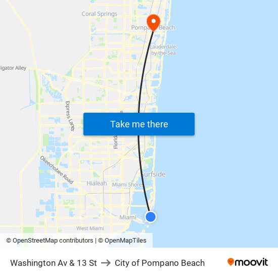 Washington Av & 13 St to City of Pompano Beach map