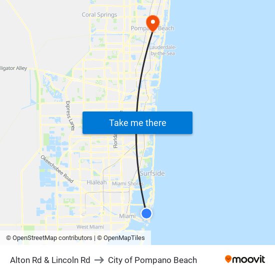 Alton Rd & Lincoln Rd to City of Pompano Beach map