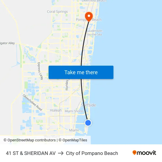 41 St & Sheridan Av to City of Pompano Beach map