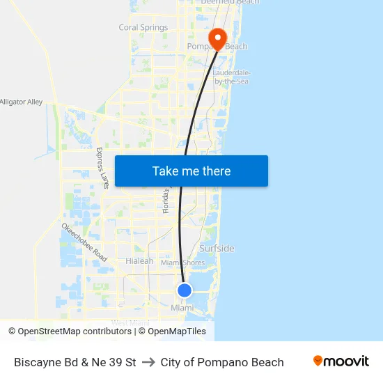 Biscayne Bd & Ne 39 St to City of Pompano Beach map