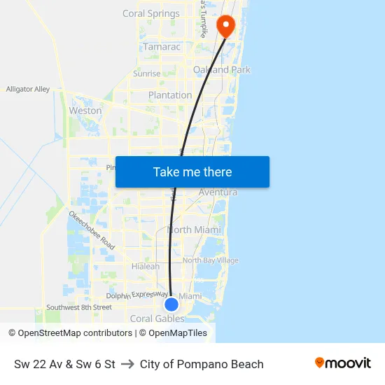 Sw 22 Av & Sw 6 St to City of Pompano Beach map