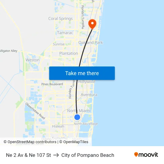 Ne 2 Av & Ne 107 St to City of Pompano Beach map