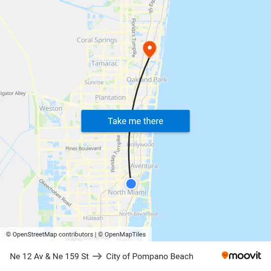 Ne 12 Av & Ne 159 St to City of Pompano Beach map