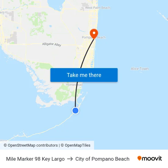 Mile Marker 98 Key Largo to City of Pompano Beach map