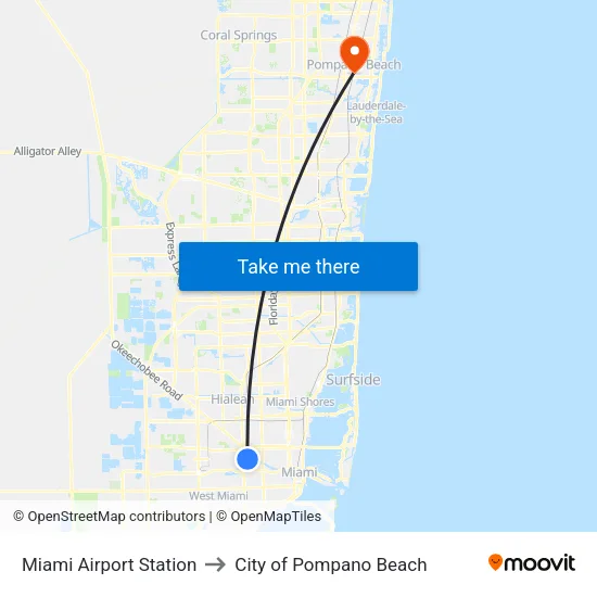 Miami Airport Station to City of Pompano Beach map