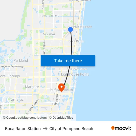 Boca Raton Station to City of Pompano Beach map