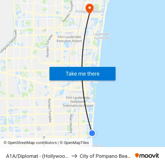 A1A/Diplomat - (Hollywood) to City of Pompano Beach map