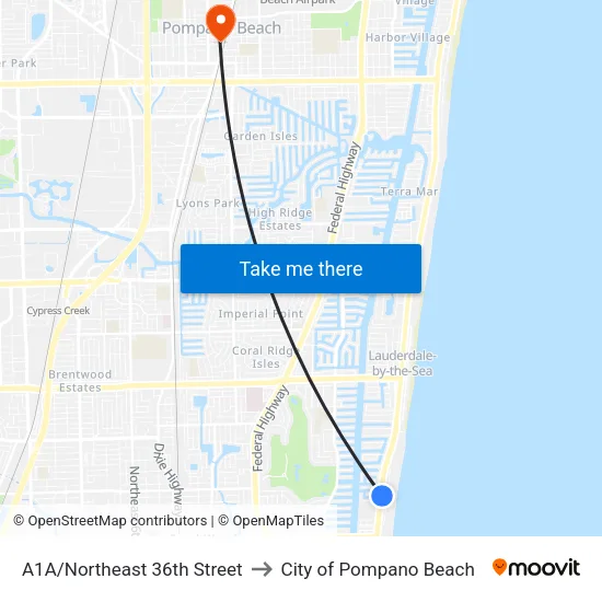 A1A/Northeast 36th Street to City of Pompano Beach map