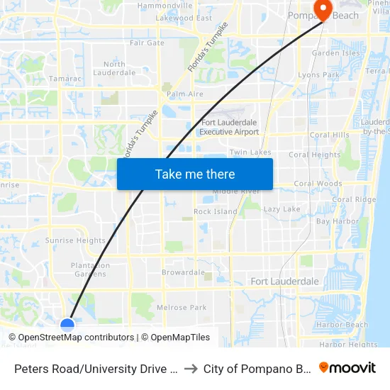 Peters Road/University Drive (East) to City of Pompano Beach map