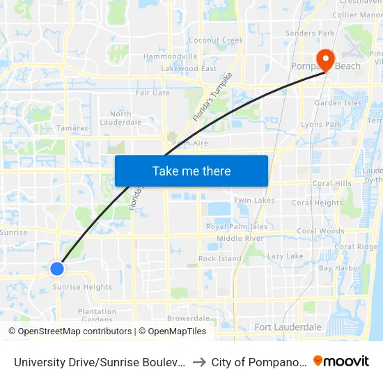 University Drive/Sunrise Boulevard (North) to City of Pompano Beach map