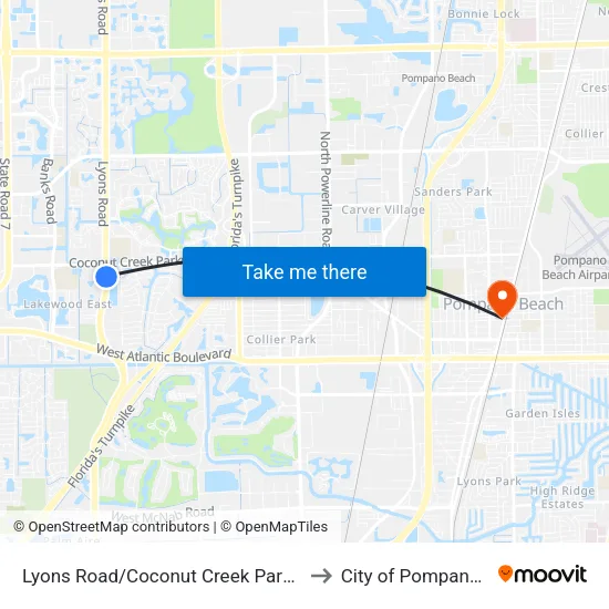 Lyons Road/Coconut Creek Parkway (South) to City of Pompano Beach map