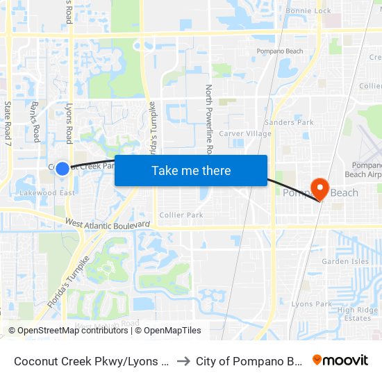 Coconut Creek Pkwy/Lyons R (W) to City of Pompano Beach map