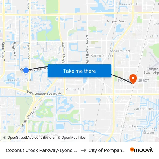 Coconut Creek Parkway/Lyons Road (West) to City of Pompano Beach map
