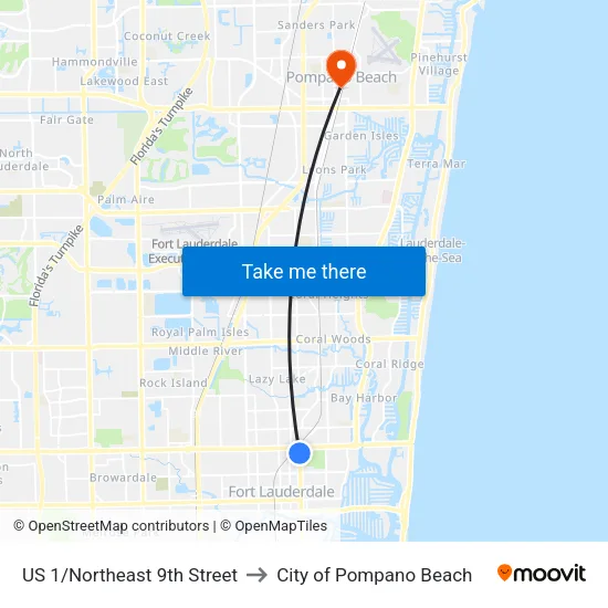 US 1/Northeast 9th Street to City of Pompano Beach map