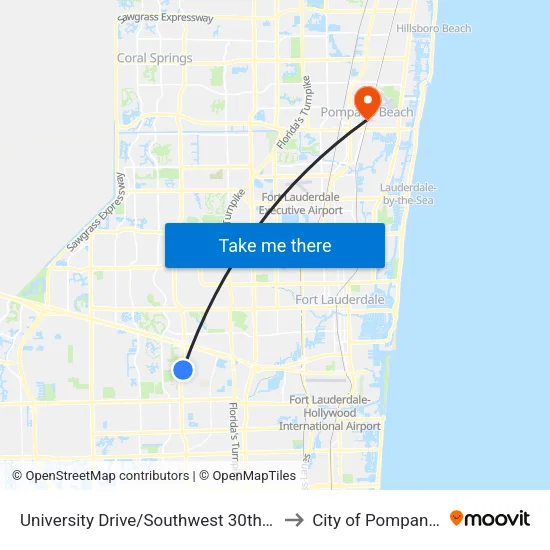 University Drive/Southwest 30th Street (South) to City of Pompano Beach map