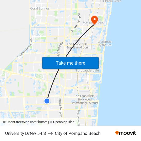University D/Nw 54 S to City of Pompano Beach map