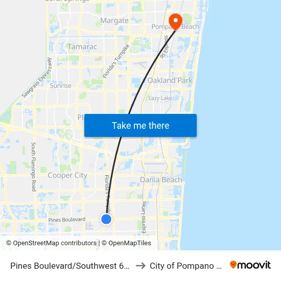 Pines Boulevard/Southwest 64th Way to City of Pompano Beach map