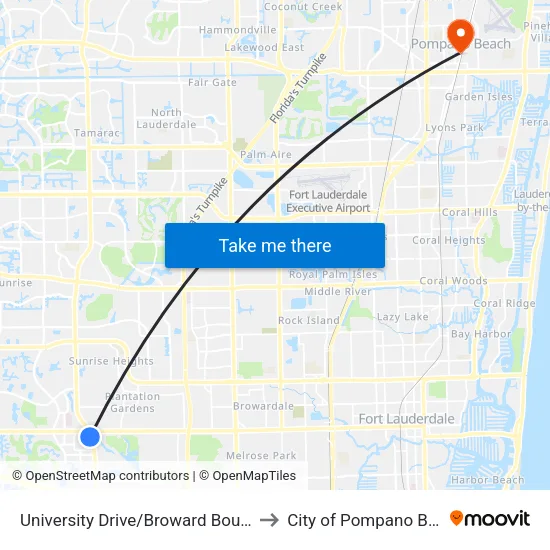 University Drive/Broward Boulevard to City of Pompano Beach map