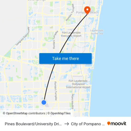 Pines Boulevard/University Drive (West) to City of Pompano Beach map