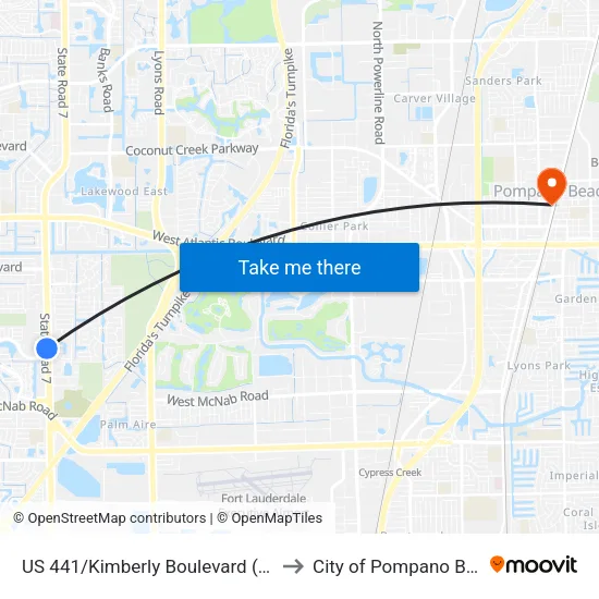 US 441/Kimberly Boulevard (North) to City of Pompano Beach map
