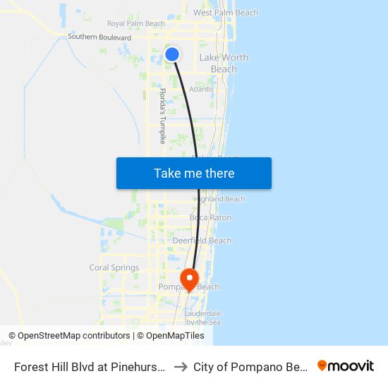 Forest Hill Blvd at Pinehurst Rd to City of Pompano Beach map