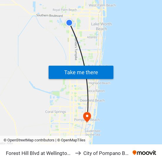 Forest Hill Blvd at Wellington Med to City of Pompano Beach map