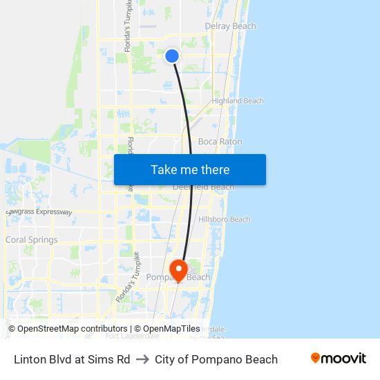 Linton Blvd at Sims Rd to City of Pompano Beach map