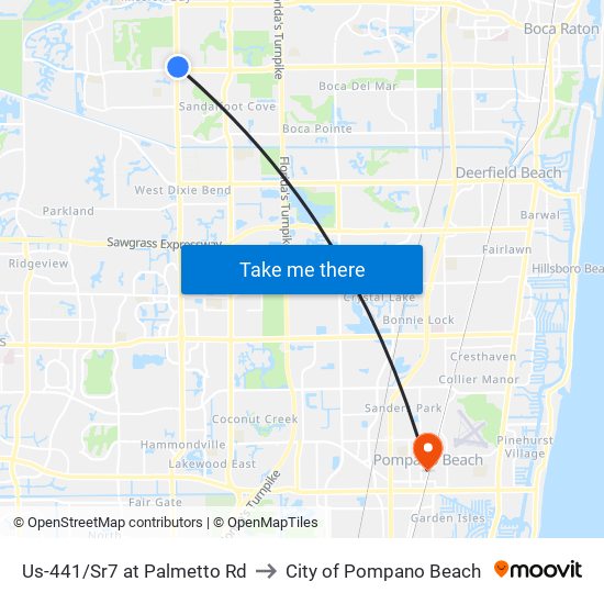 Us-441/Sr7 at Palmetto Rd to City of Pompano Beach map