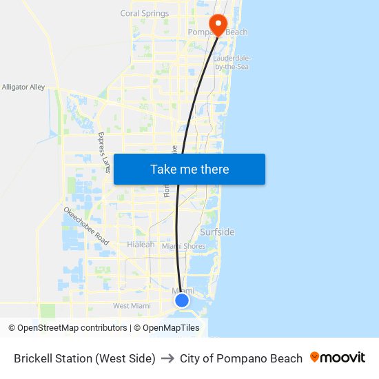 Brickell Station (West Side) to City of Pompano Beach map