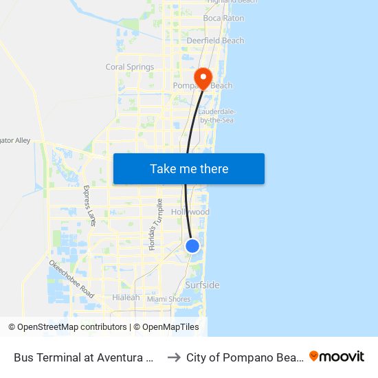 Bus Terminal at Aventura Mall to City of Pompano Beach map