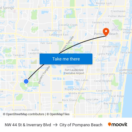 NW 44 St & Inverrary Blvd to City of Pompano Beach map