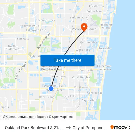 Oakland Park Boulevard & 21st Avenue to City of Pompano Beach map